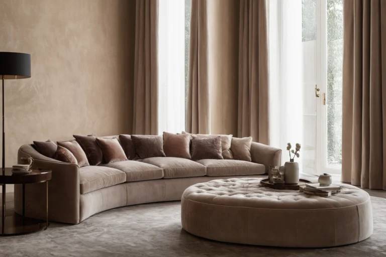 Living room with a large matte velvet sofa in a luxury Italian interior
