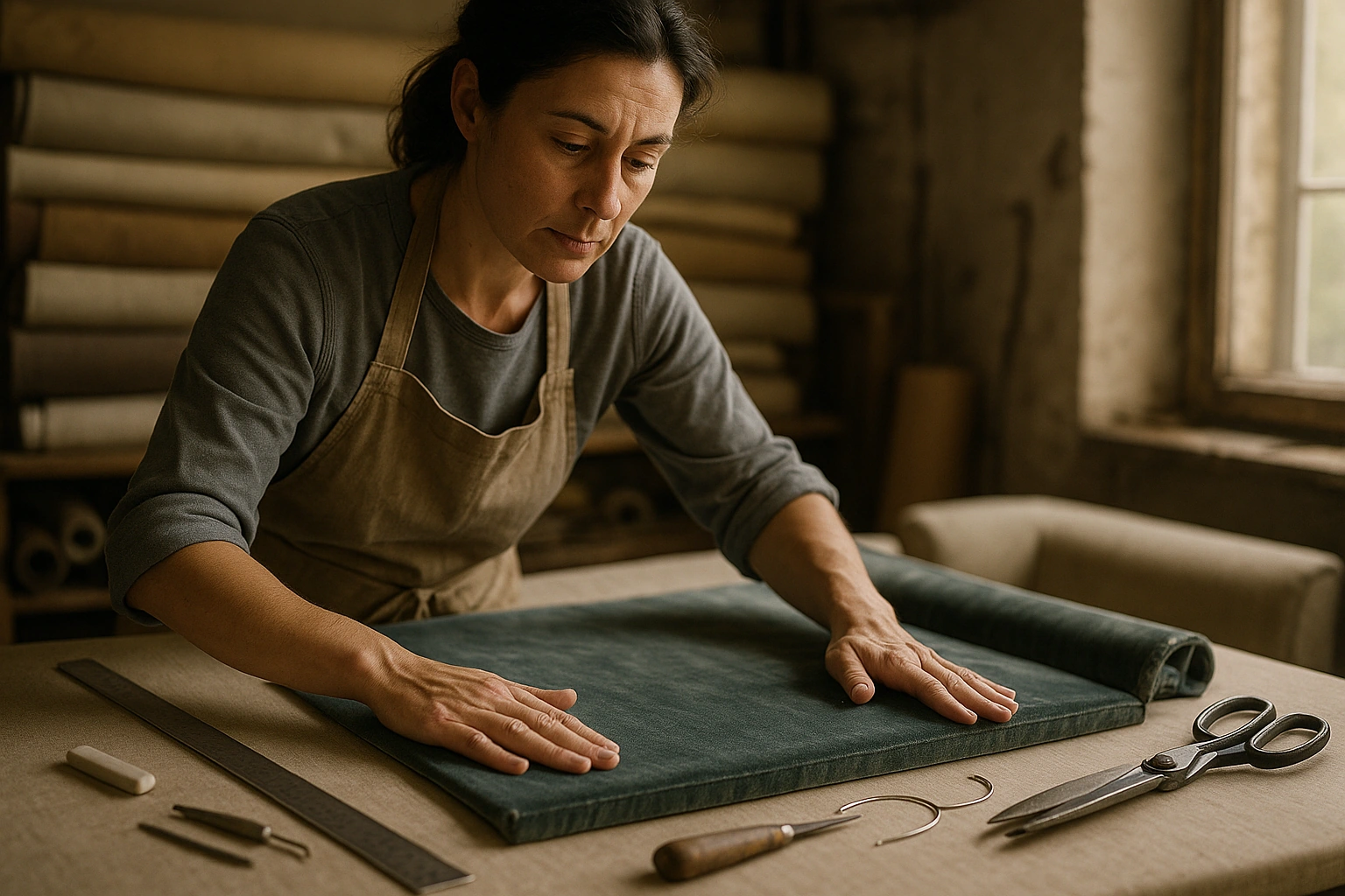An upholsterer laying velvet over a sofa panel and checking the direction of the pile by hand