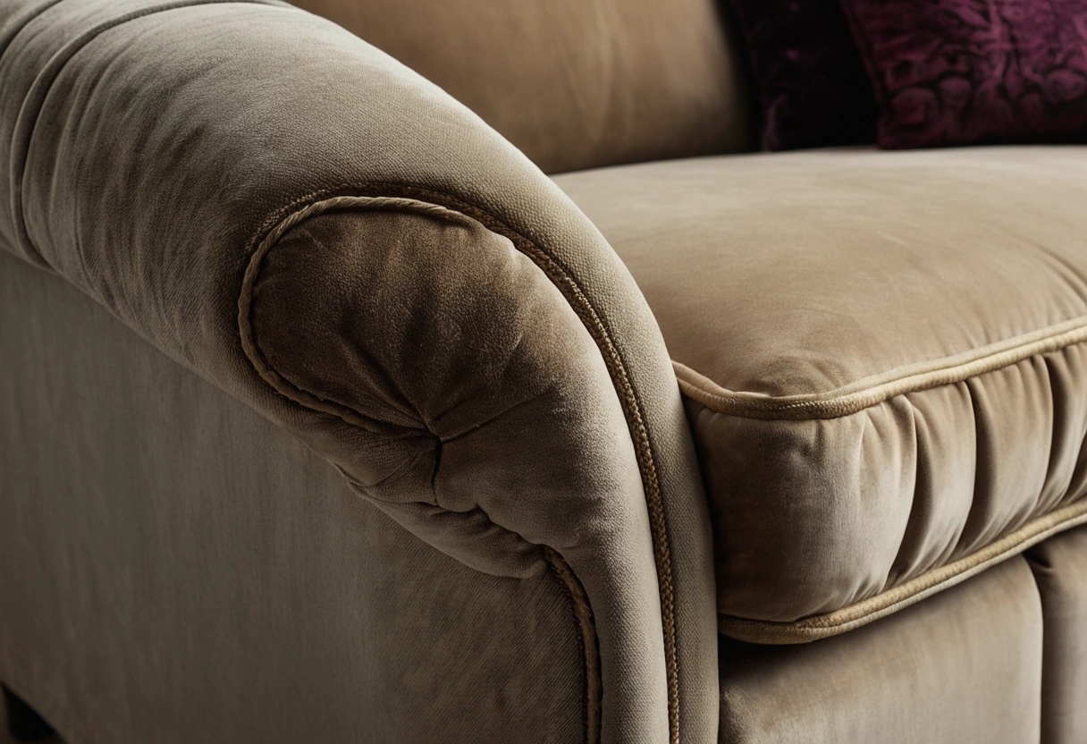 Close detail of a welted seam along the arm of an upholstered sofa
