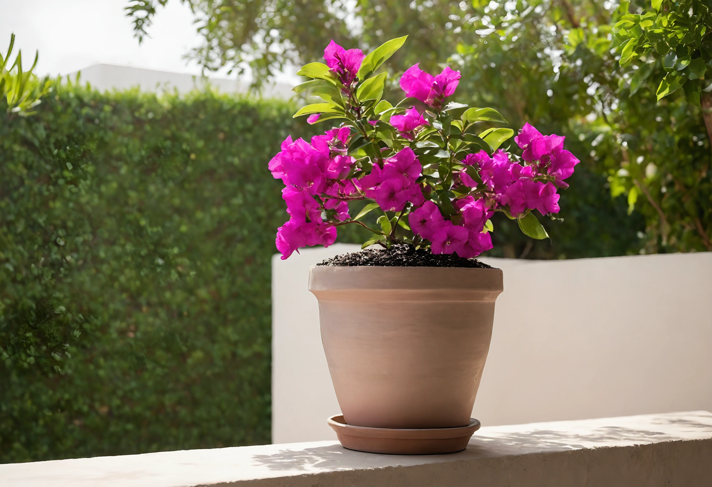 Young bougainvillea with magenta bracts in a terracotta pot on a garden wall, with a clipped hedge behind