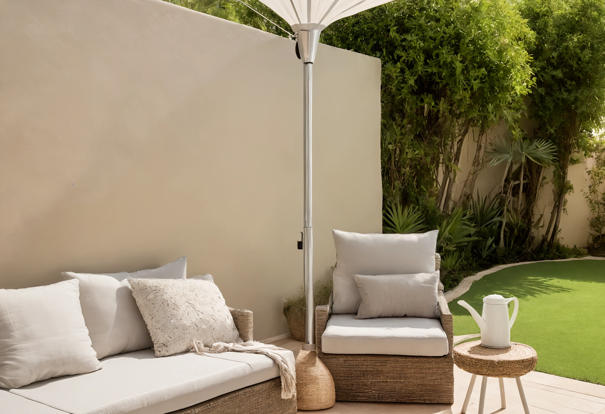 Shaded corner of a villa garden with cushioned rattan seating, a white parasol pole and a small side table with a jug