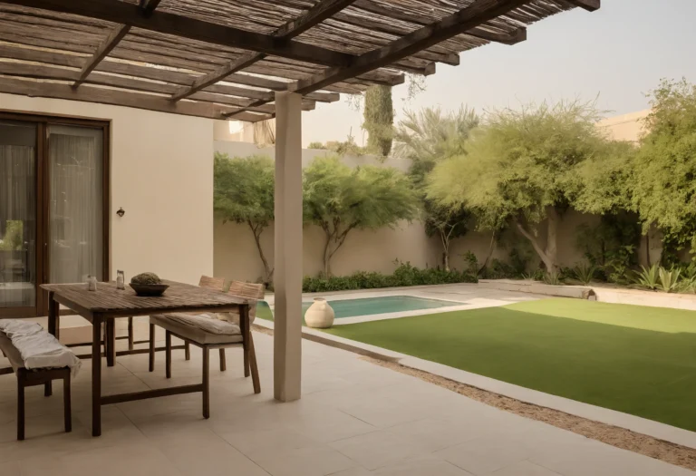 Timber slatted pergola over a paved villa terrace with a long wooden table and benches, a lawn and a small pool beyond